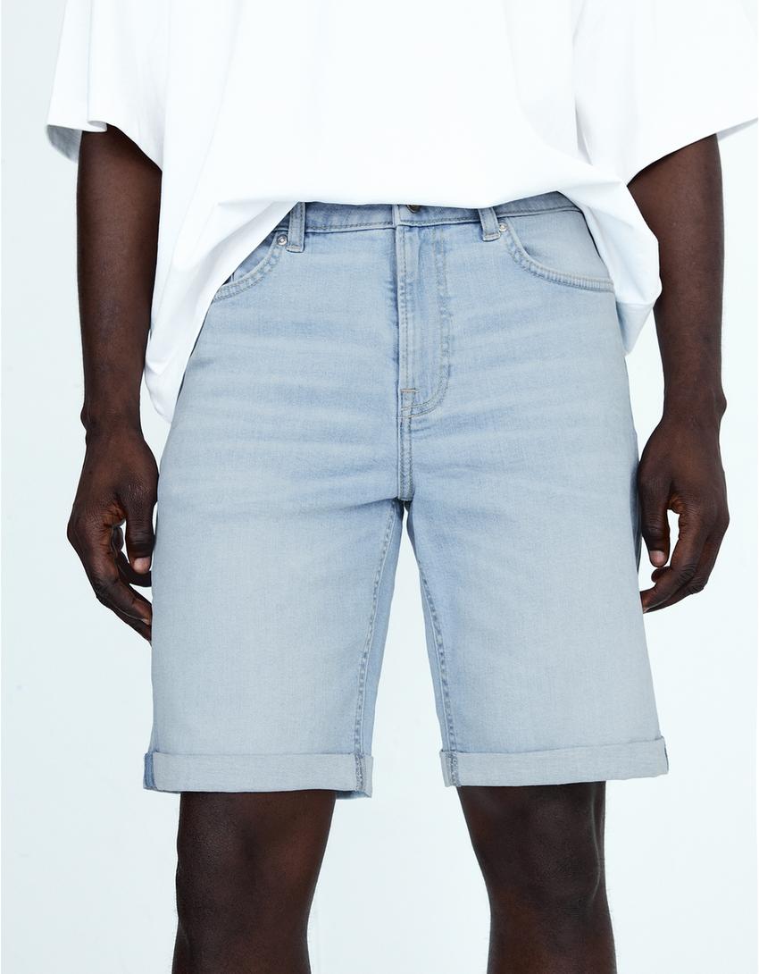 Roll-up denim Bermuda shorts-Light blue