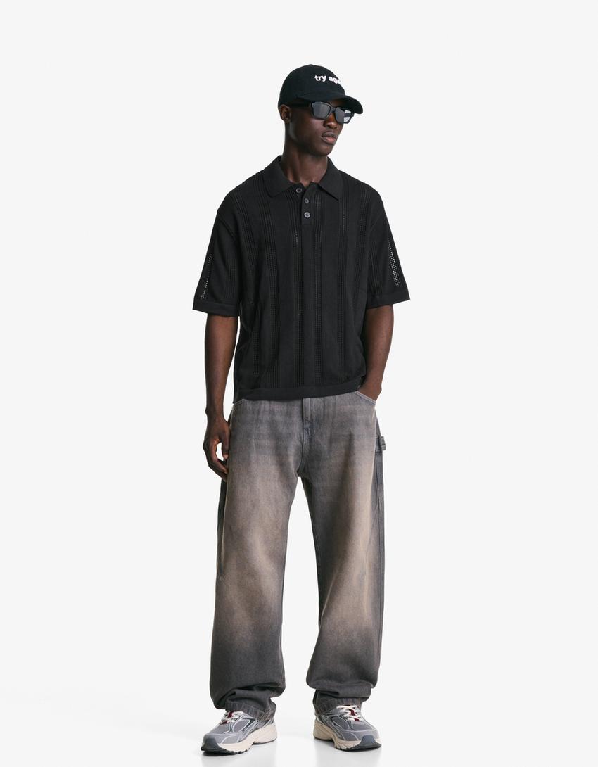 Textured openwork polo shirt-Black