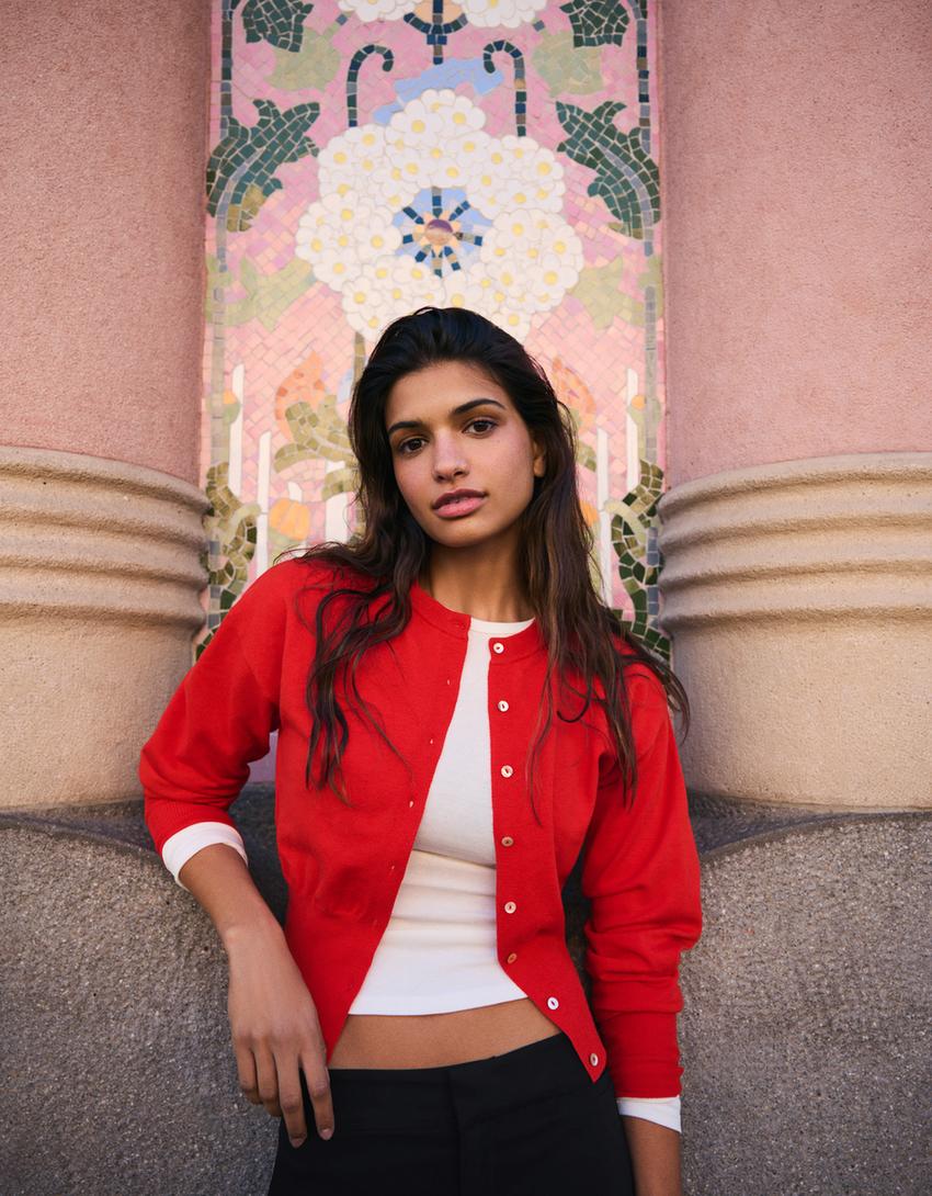 Striped crew neck button-up jacket-Red