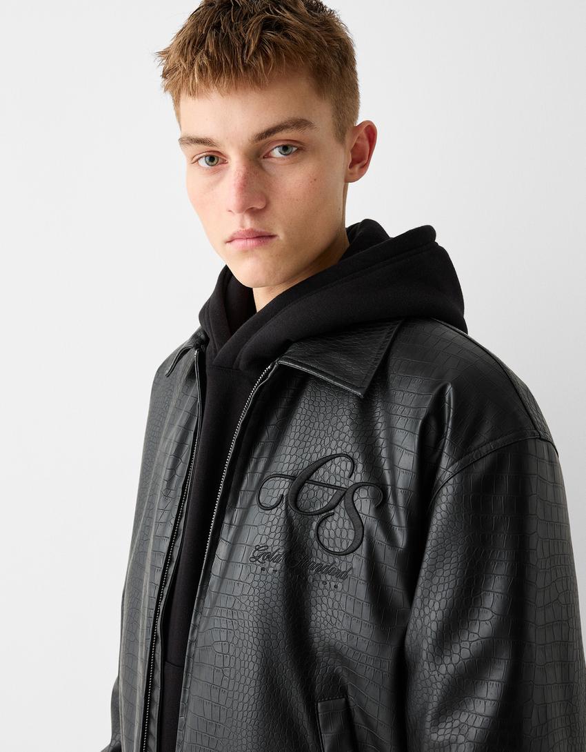 Blouson similicuir imprimé animal broderie-Noir-2