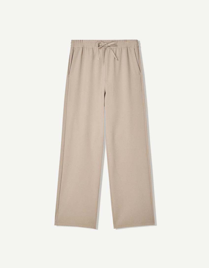 מכנסי טרנינג מחויטים Straight fit-חול-3