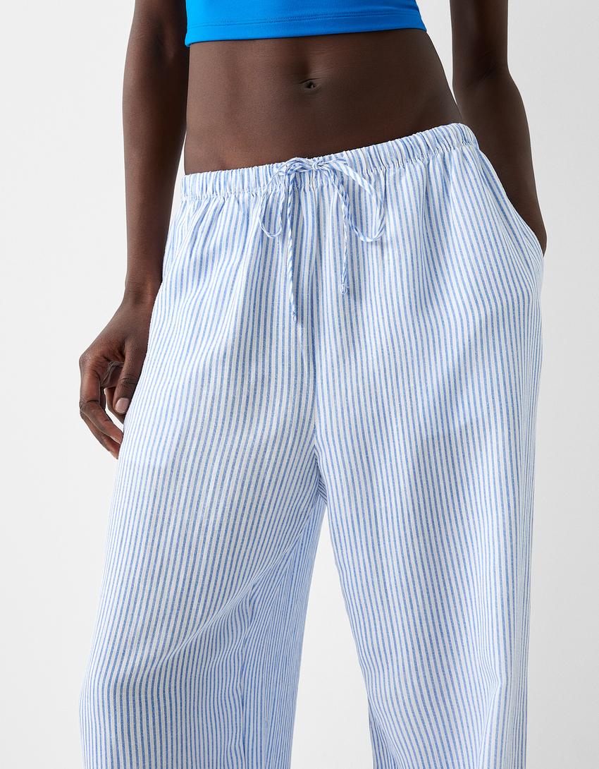 Elastik belli straight fit çizgili pantolon-Açık mavi-4