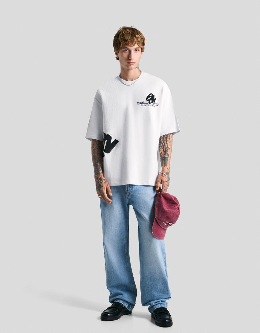 Printed short sleeve plush T-shirt-White-3