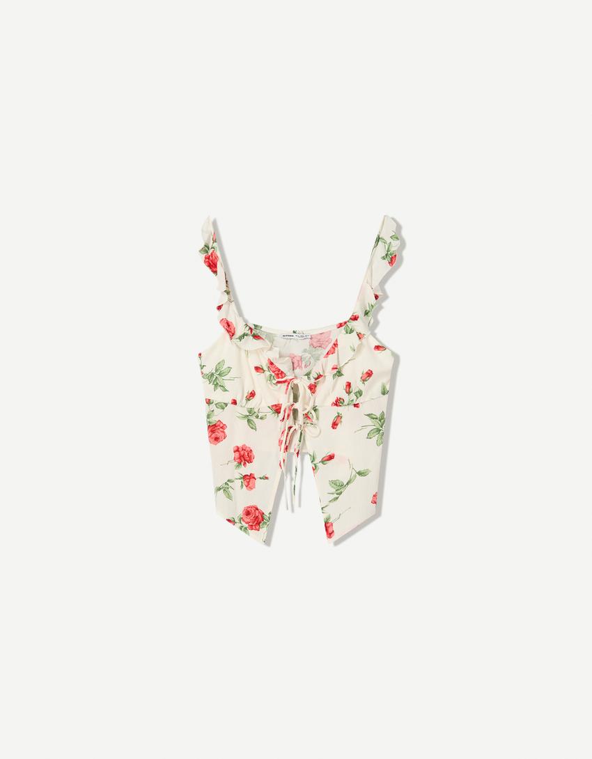 Printed textured strappy top-Multicolored