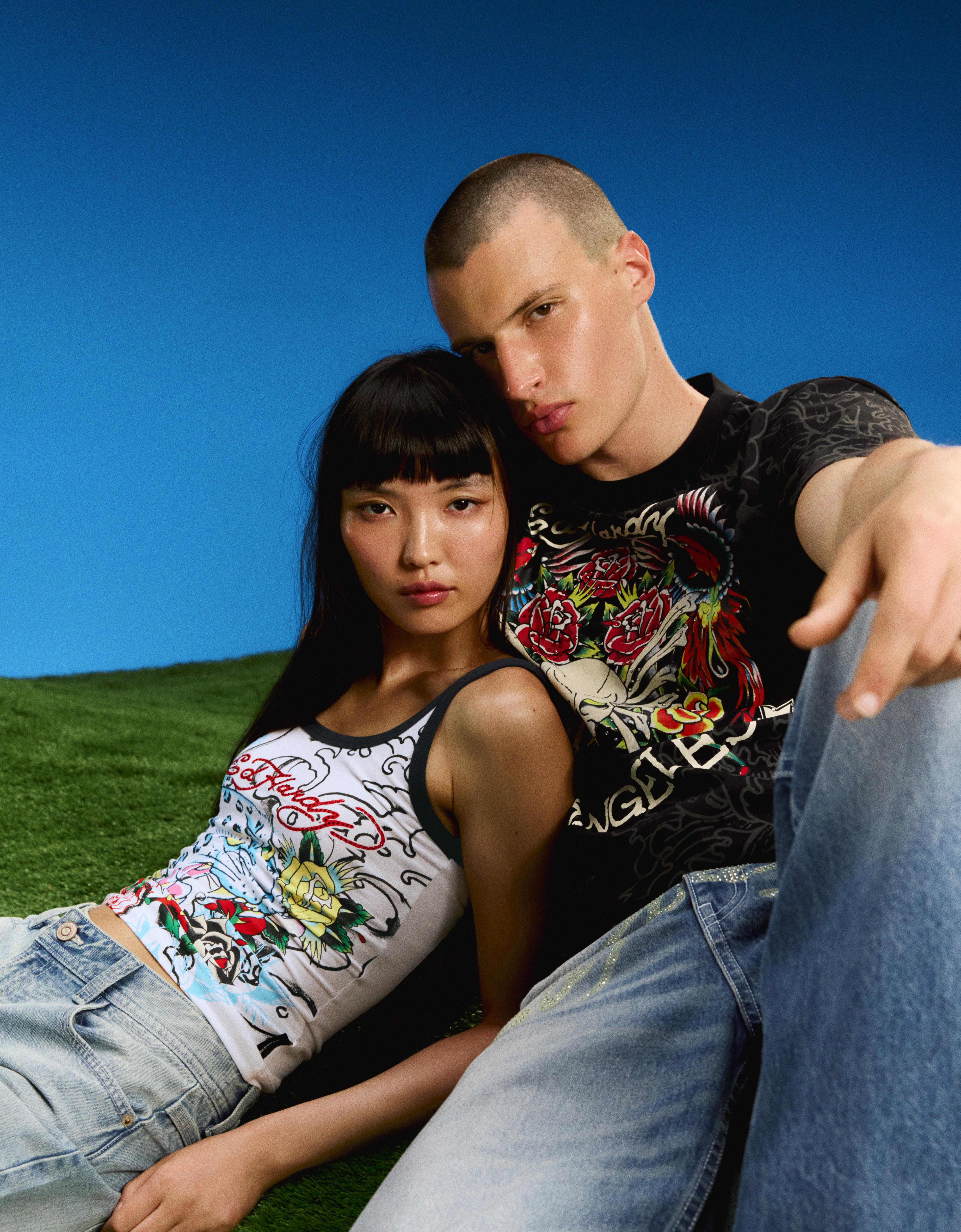 ED HARDY X BERSHKA print vest top — Off white