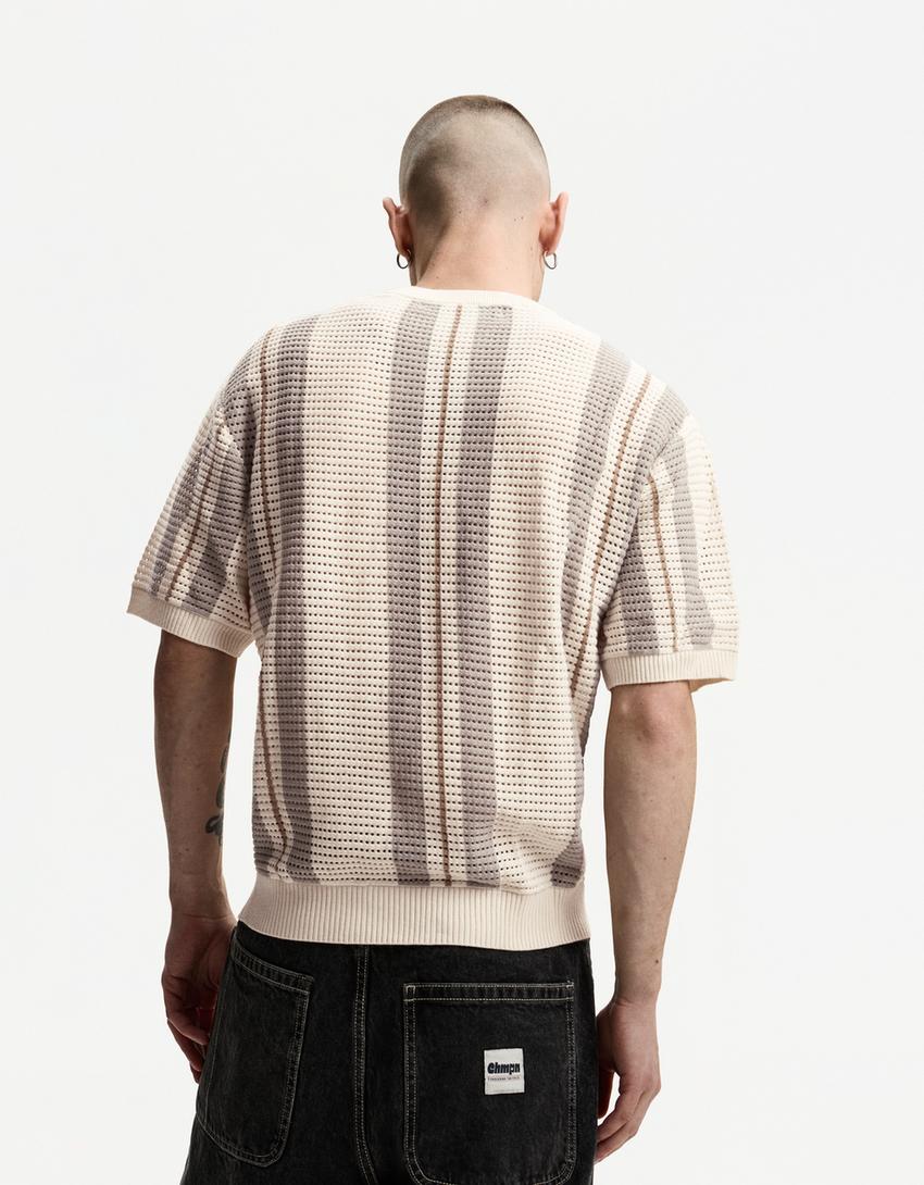 Textured striped short sleeve T-shirt-Sand