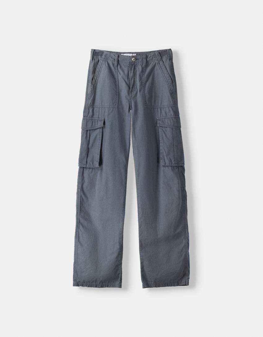 Pantalons de butxaques straight ajustable-Blau-4