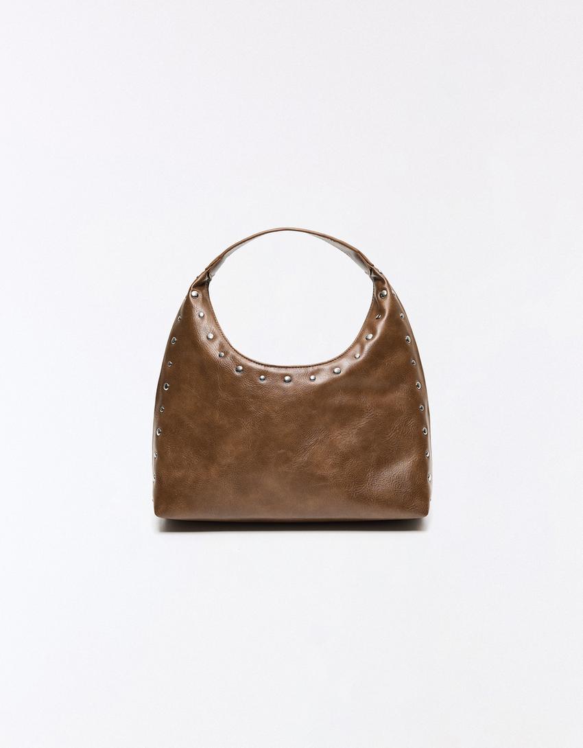 Studded leather effect bucket bag-Brown