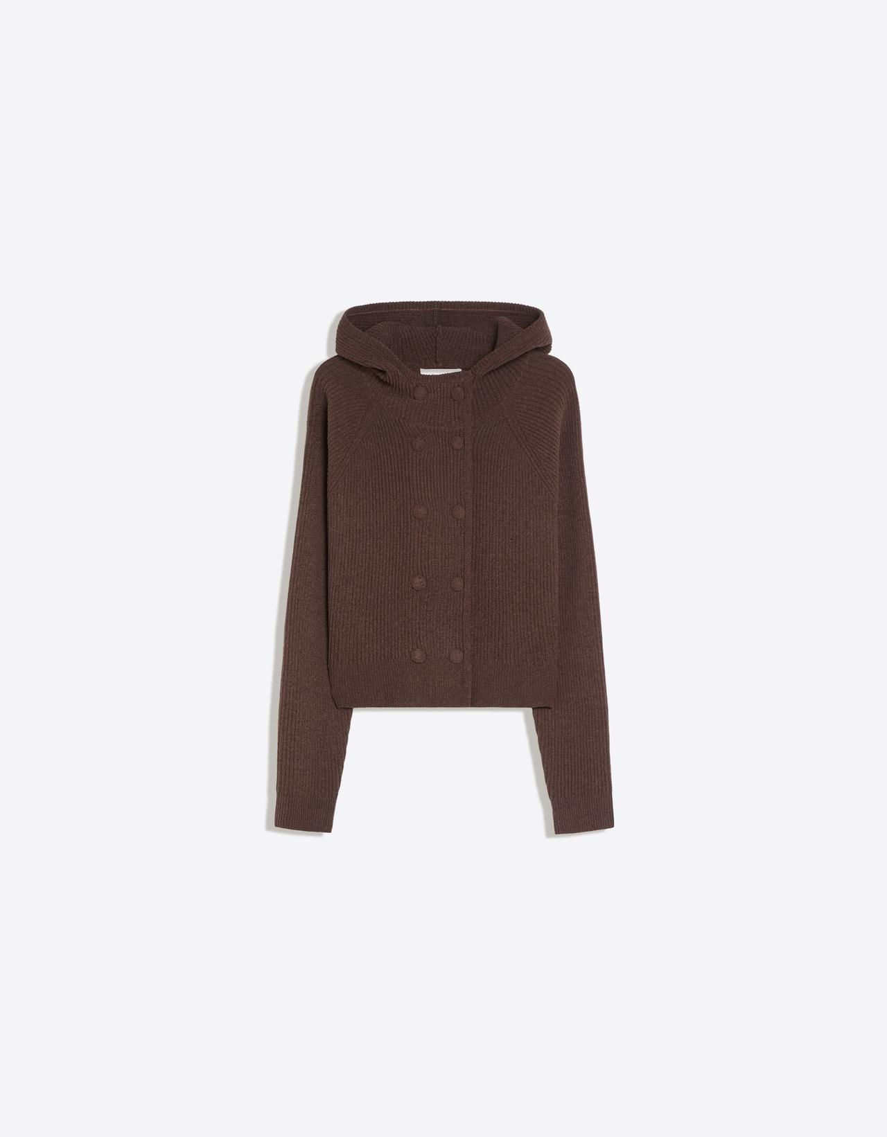 Rib-knit double-breasted hooded jacket — Brown