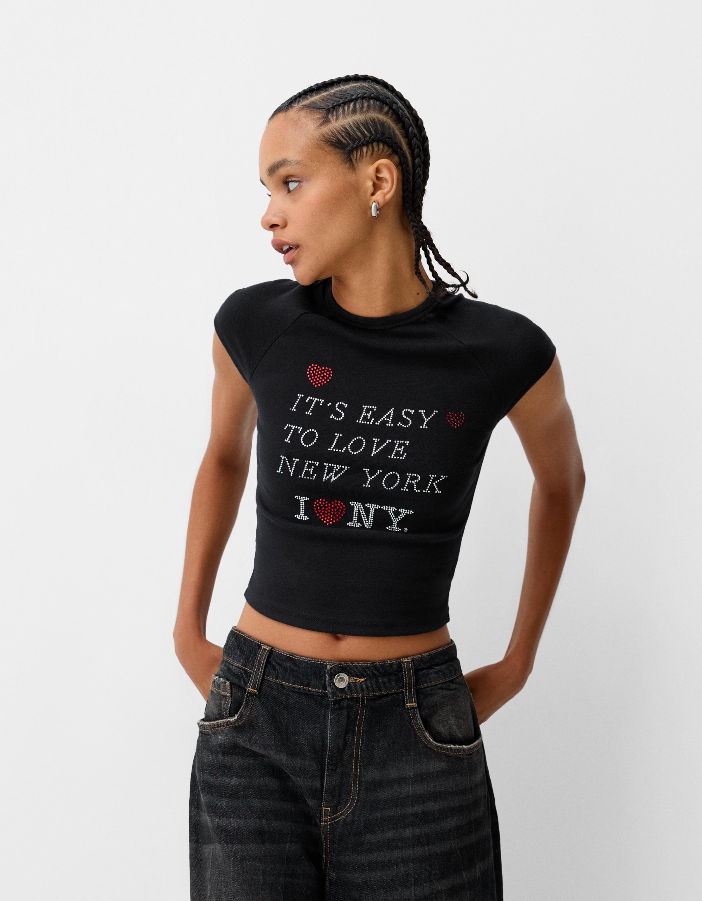 Bershka Cropped-T-Shirt Mit Print Damen 10-12 Schwarz