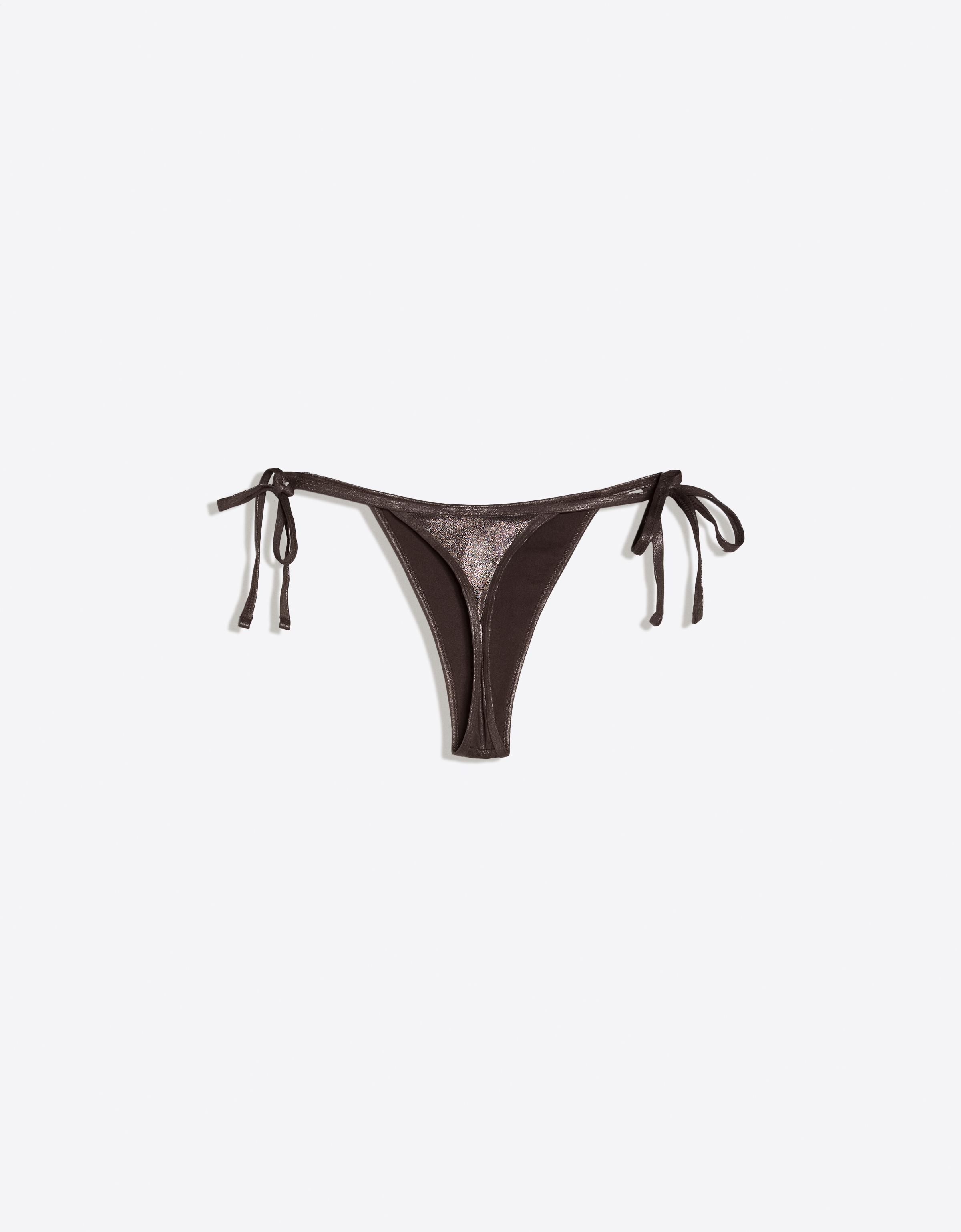 Laminated thong bikini bottoms — Brown