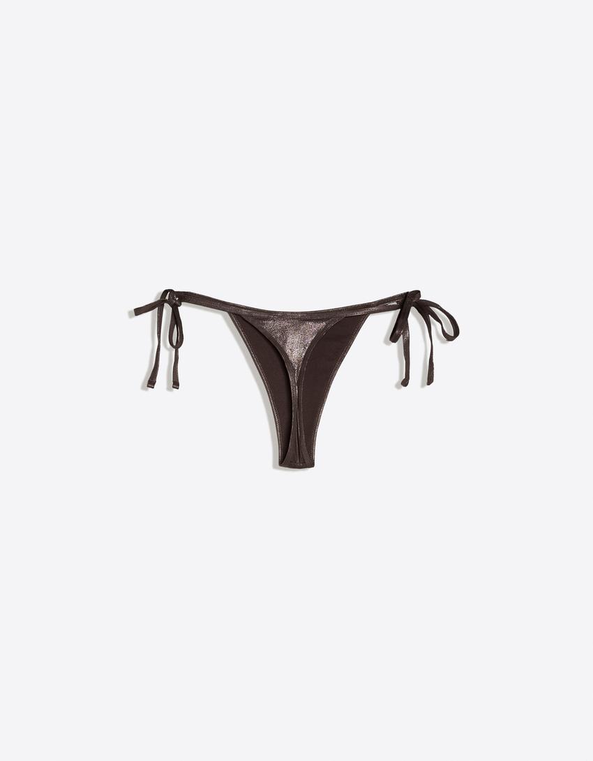 Bas de bikini string effet lamé-Marron