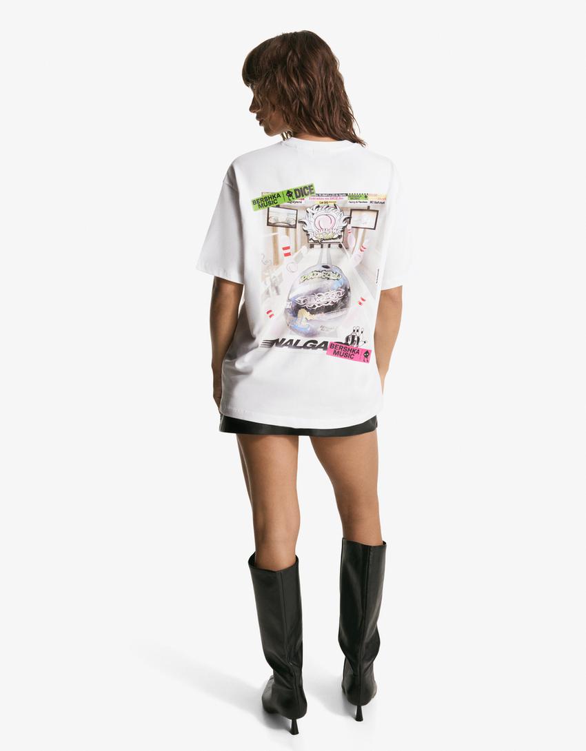 T-shirt Bershka Music DICE manga curta estampado-Branco