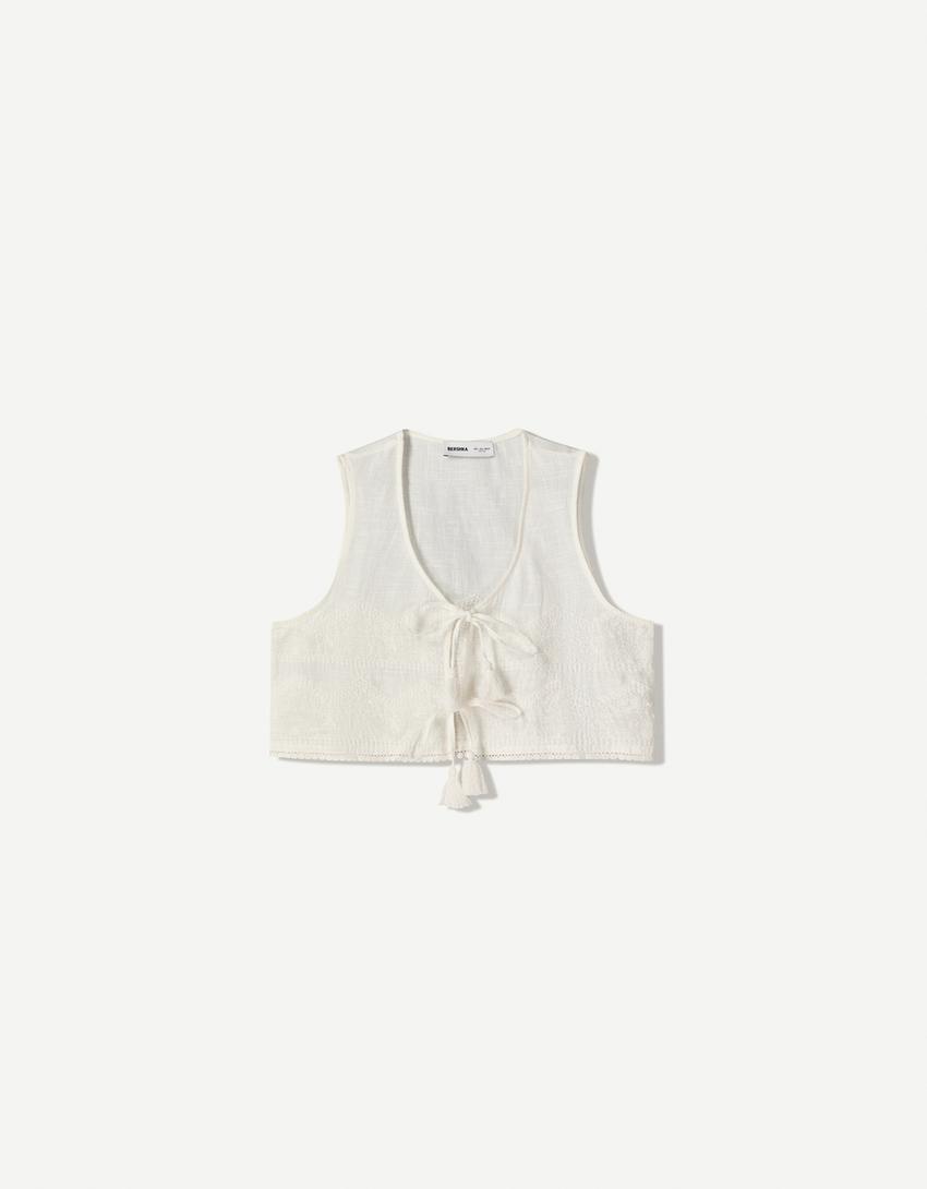 Ensemble gilet sans manches et short broderie-Blanc cassé-3