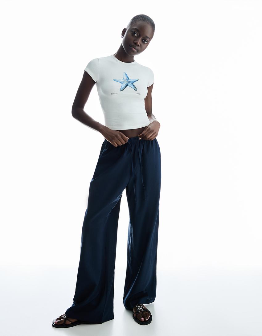 Linen blend trousers with an elasticated waistband-Navy