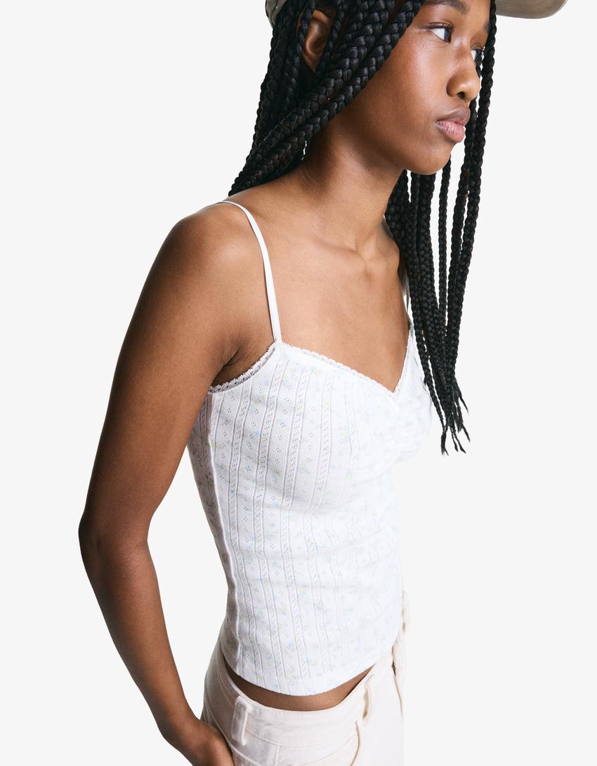 Printed pointelle strappy top-Cream