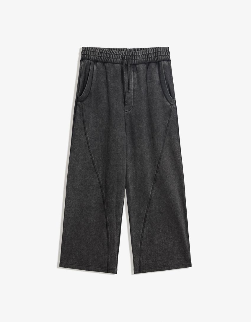 Yıkanmış görünümlü süper baggy fit pantolon-Gri-3