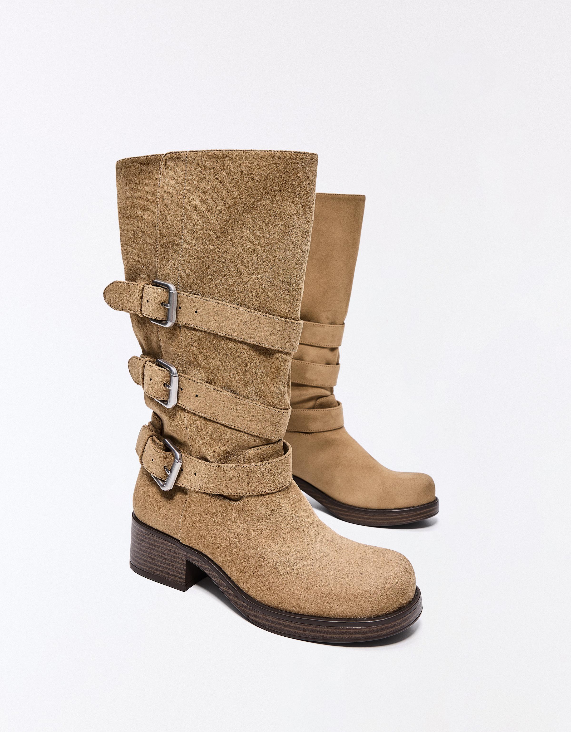BUCKLED BIKER BOOTS — BEIGE