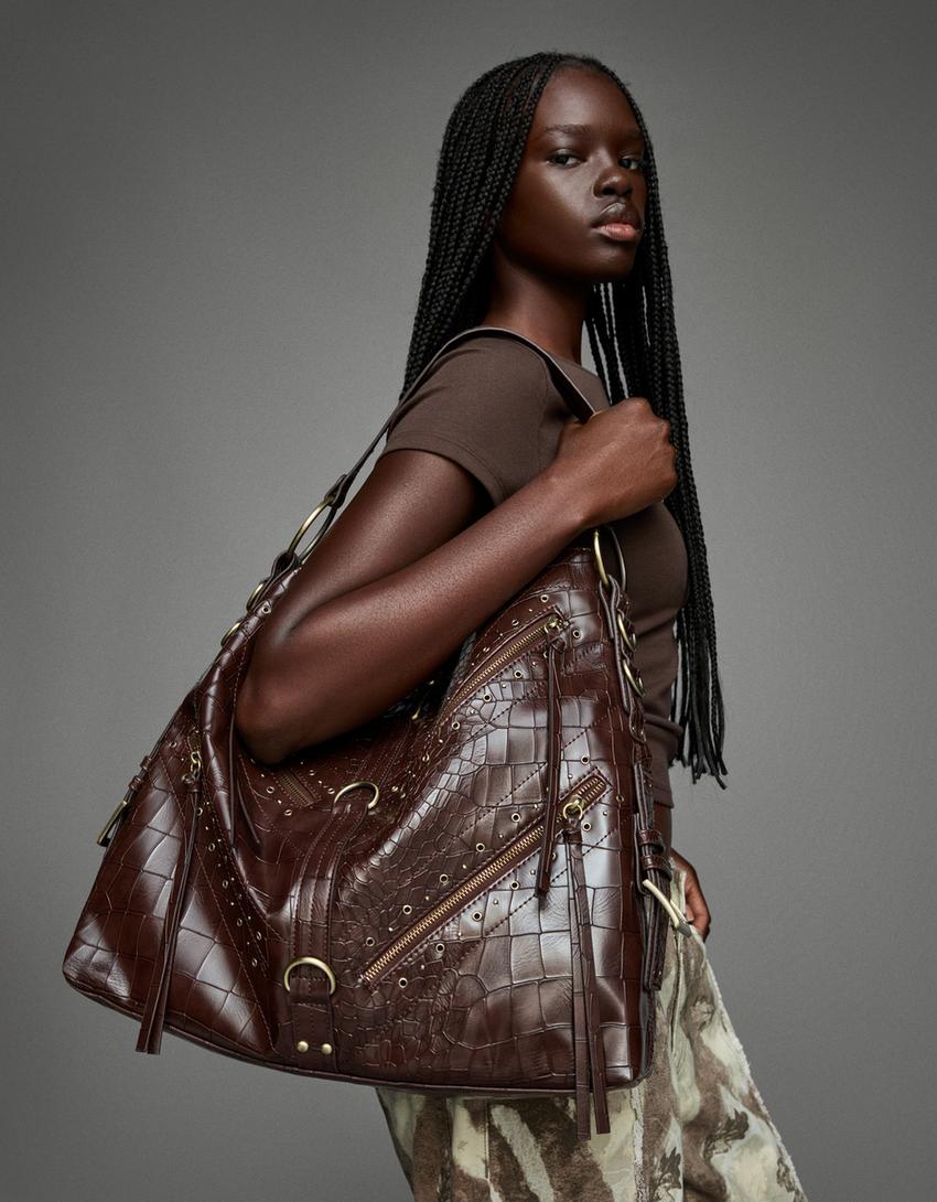 Sac maxi similicuir clous-Marron
