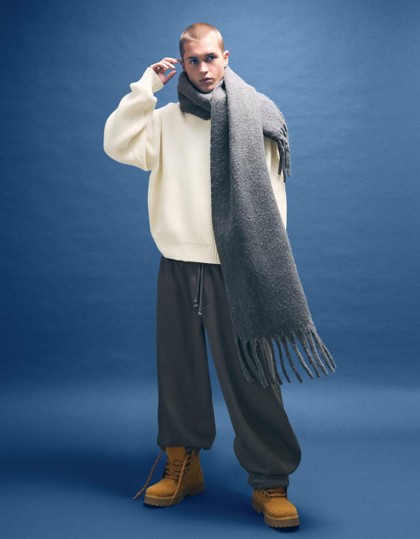 Светр оборотного переплетення зі змішаної тканини з вовною-Жовтувато-білий