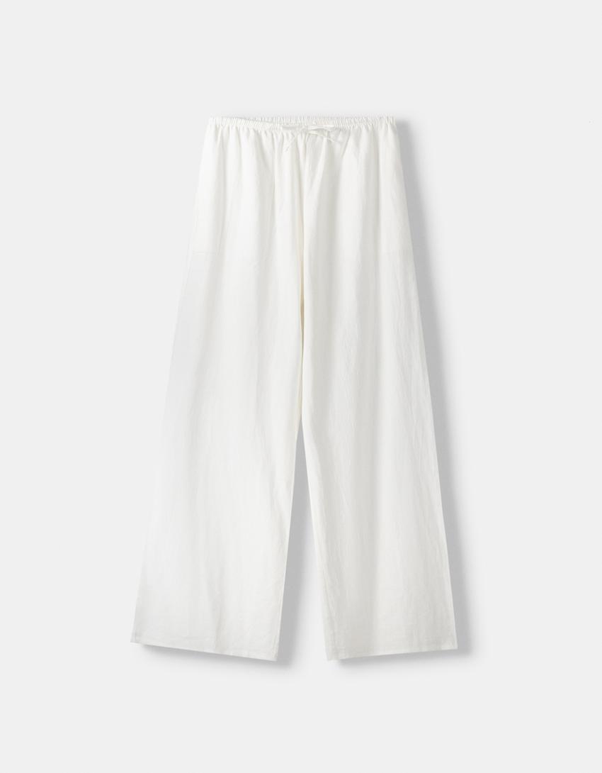 Straight-leg trousers with linen and an elastic waist-Off white-5