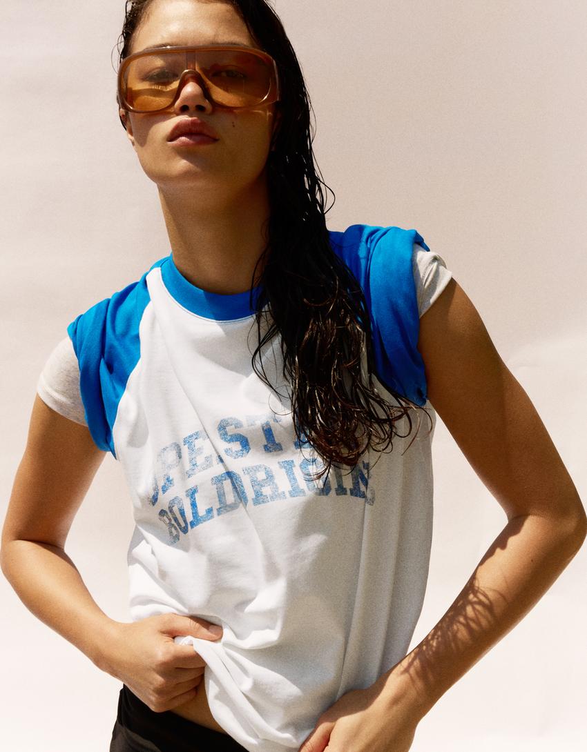 T-shirt raglan imprimé-Bleu