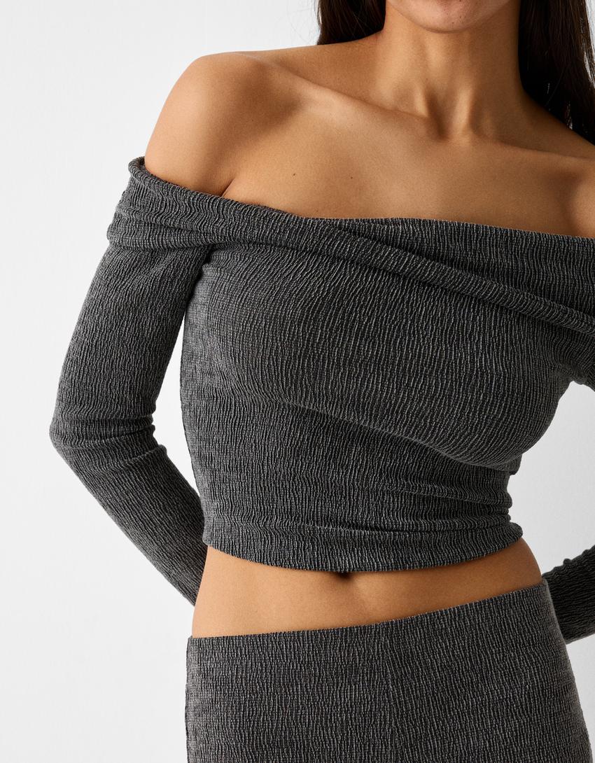 تيشرت مكشوفة الأكتاف بغرزة وافل وأكمام طويلة-رمادي-6