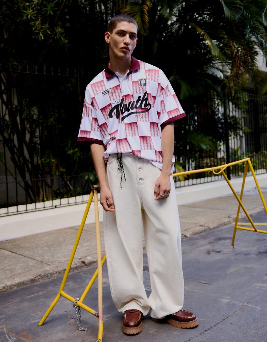 Printed short sleeve polo shirt-Red