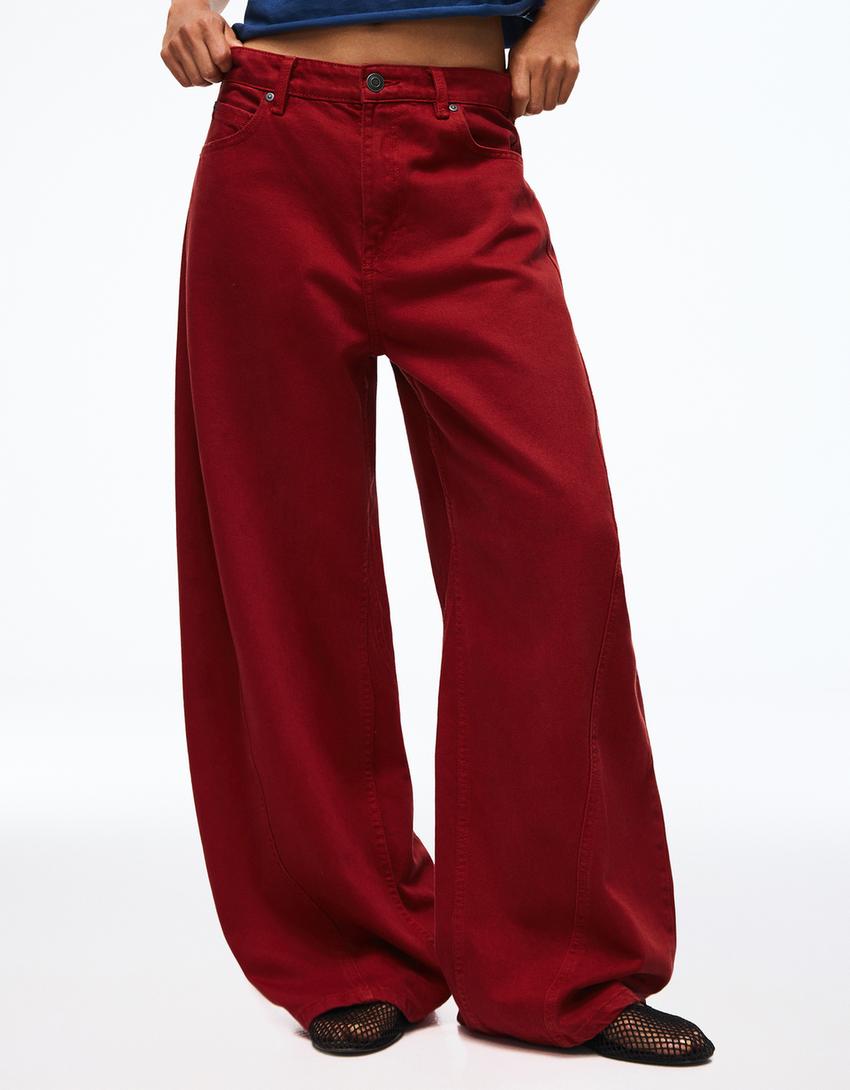 Barrel trousers with back buckle-Red
