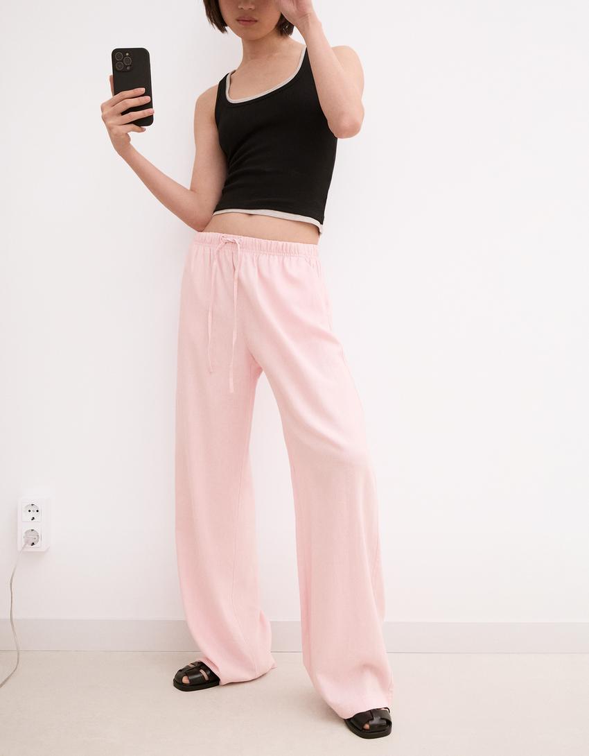Linen blend trousers with an elasticated waistband-Pink