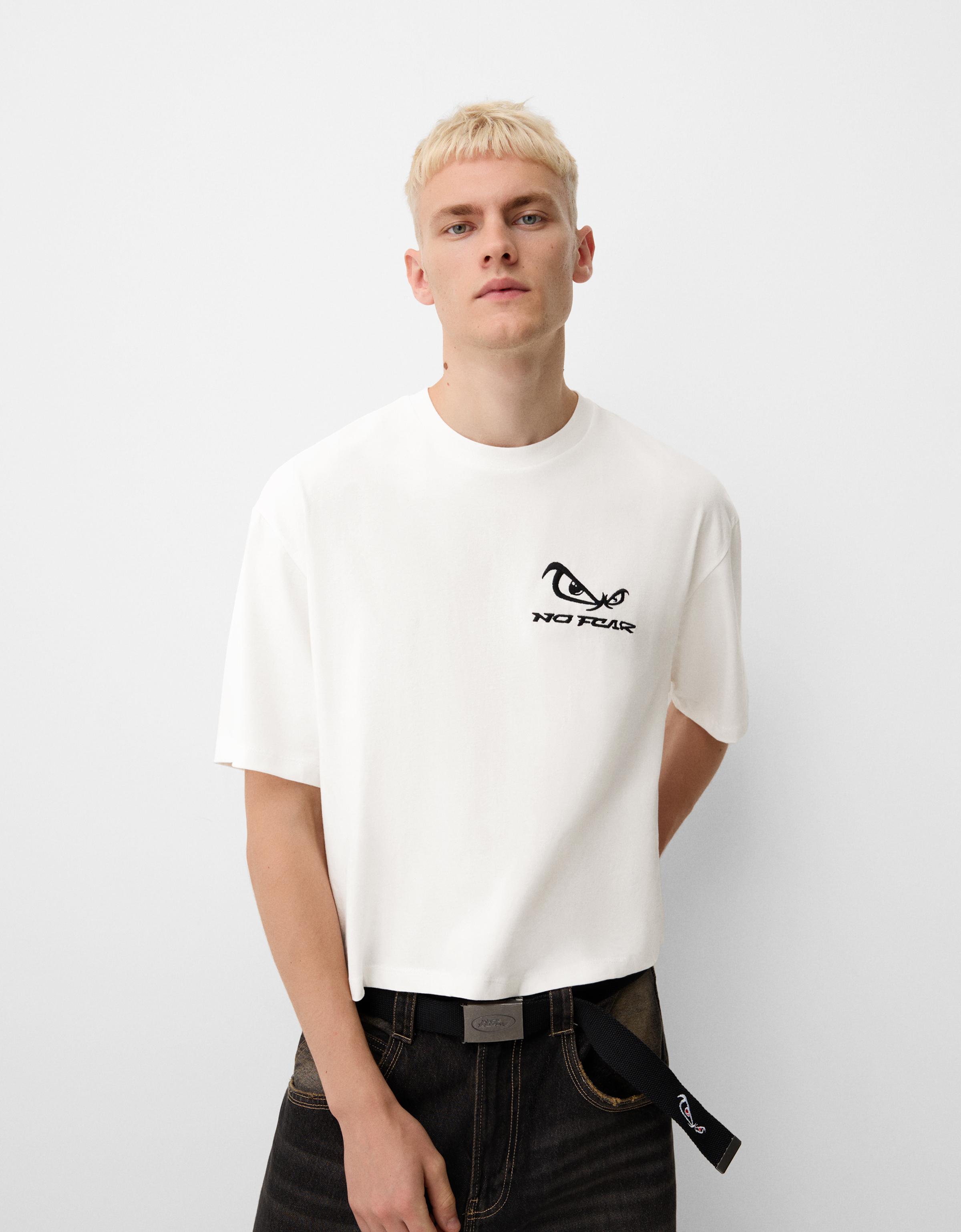 Bershka Cropped-T-Shirt Bershka X No Fear Im Relaxed-Fit Herren Xl Weiss