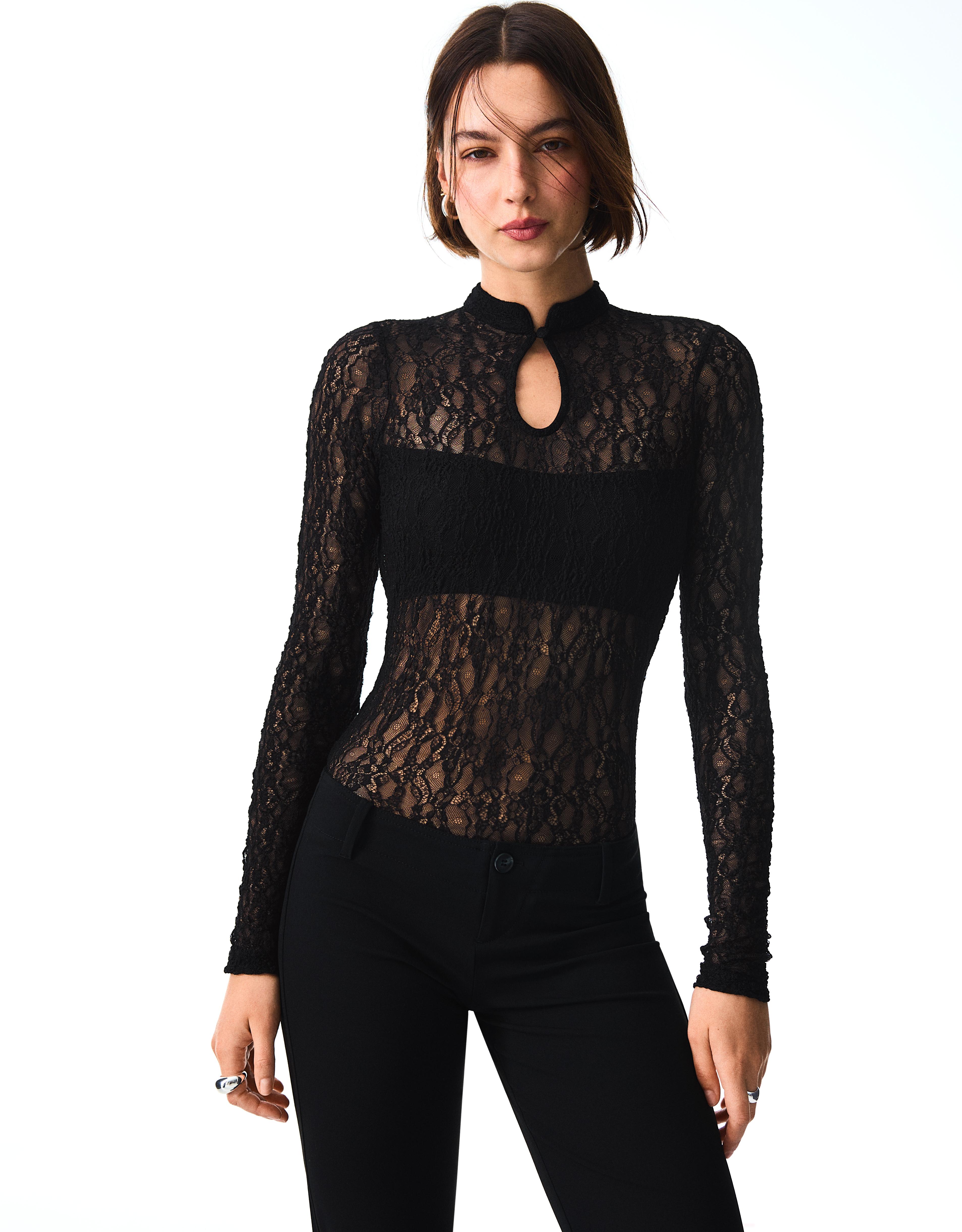 Long sleeve lace bodysuit with split neckline — Black