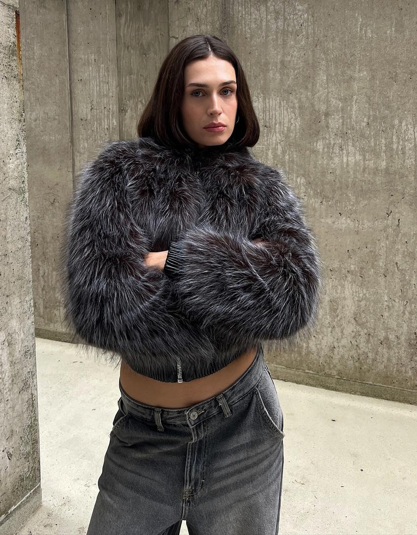 Zip-up faux fur jacket-Grey