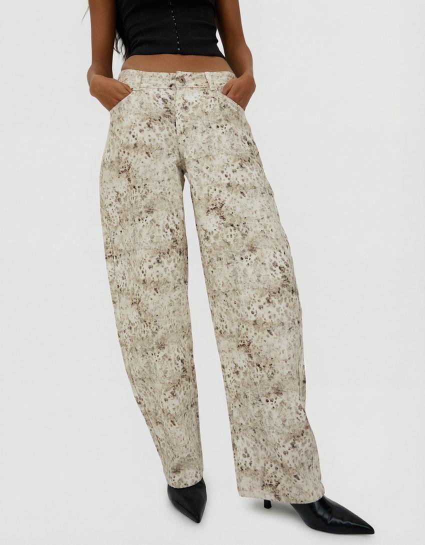 Jeans baggy barrel taille basse imprimé-Écru