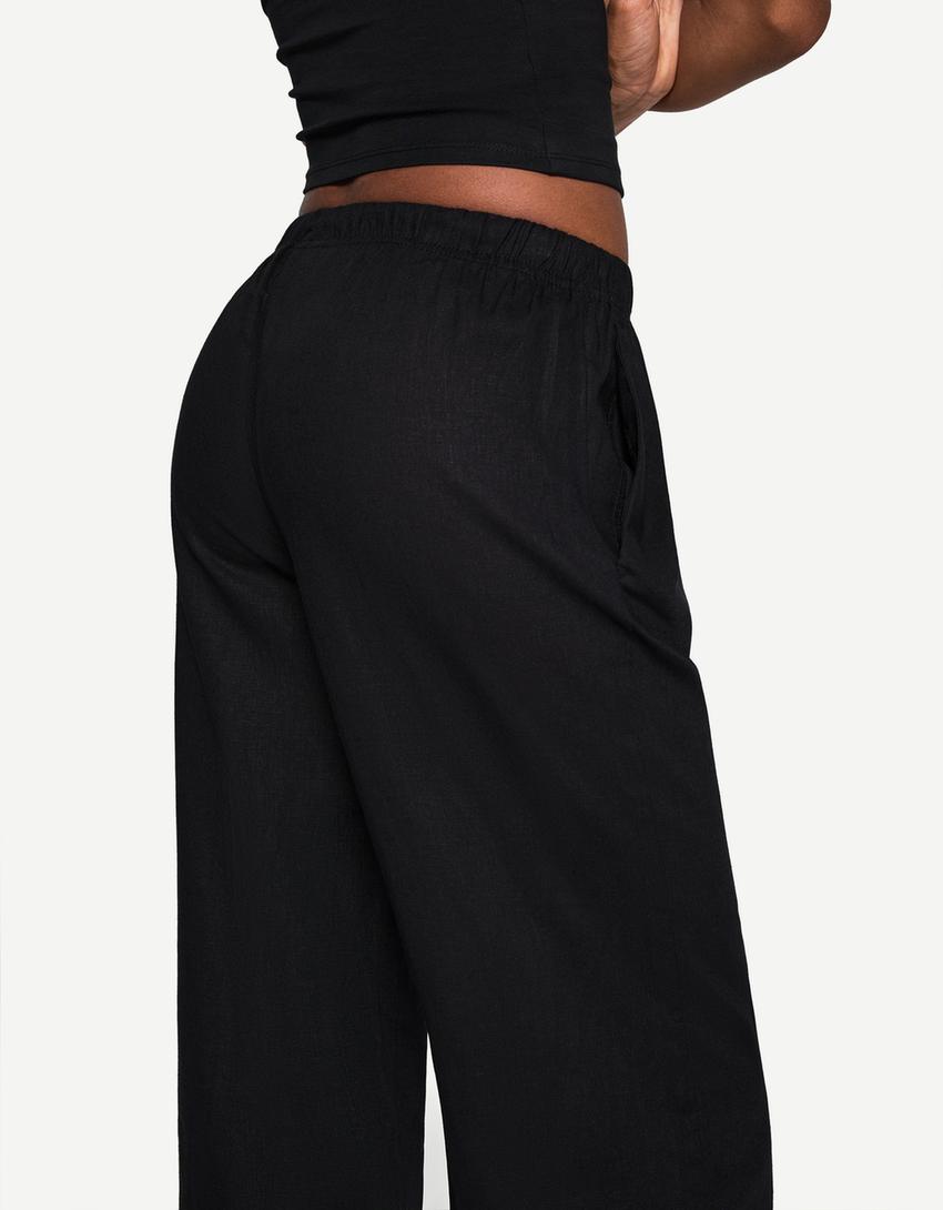 Pantalon lin taille élastique-Noir-1