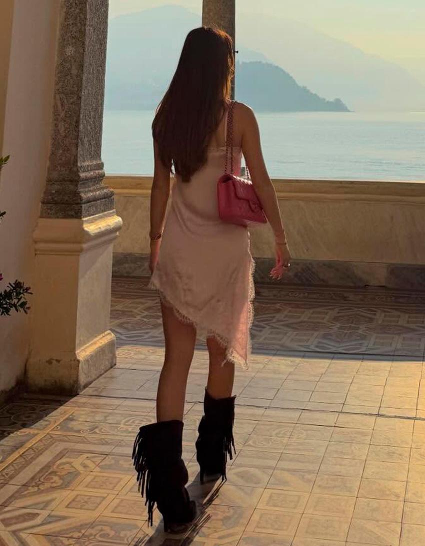 Asimetrik saten mini elbise-Pembe