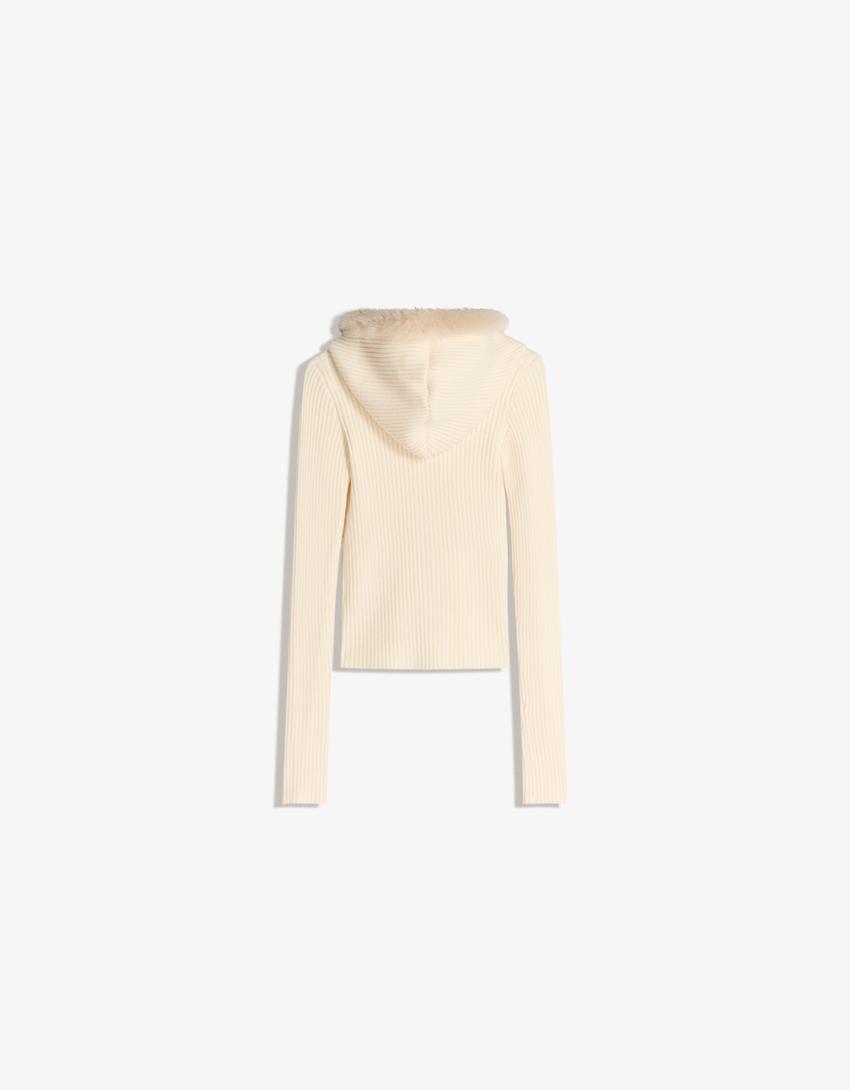 Veste en maille zippée à capuche fausse fourrure-Écru