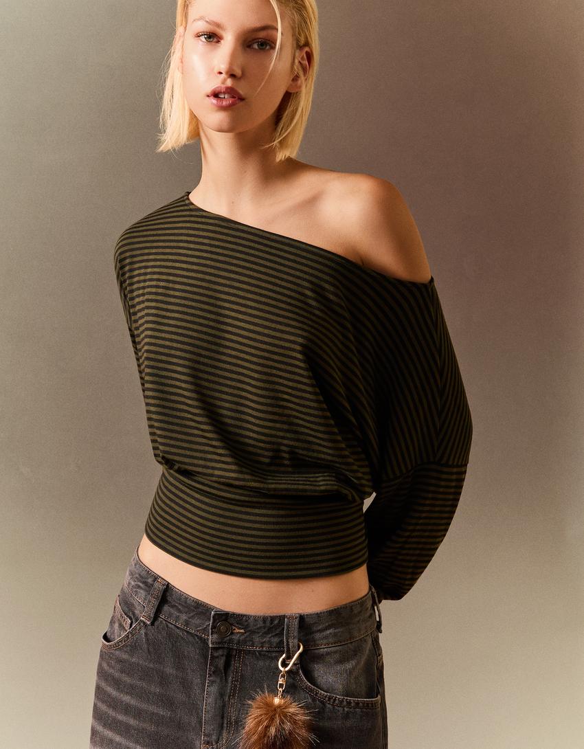 Striped long sleeve T-shirt with sash-Khaki