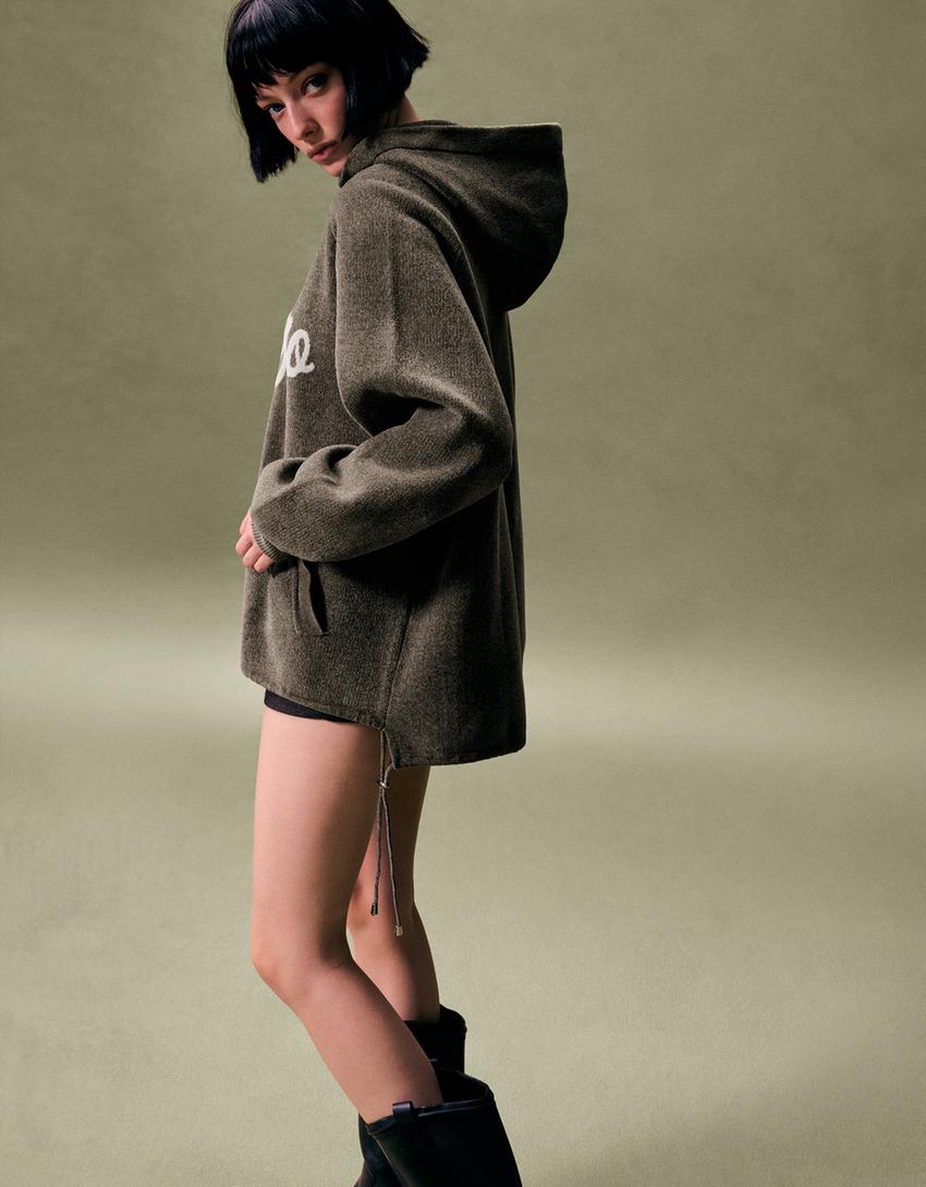 Pull zippé en chenille à capuche imprimé-Gris