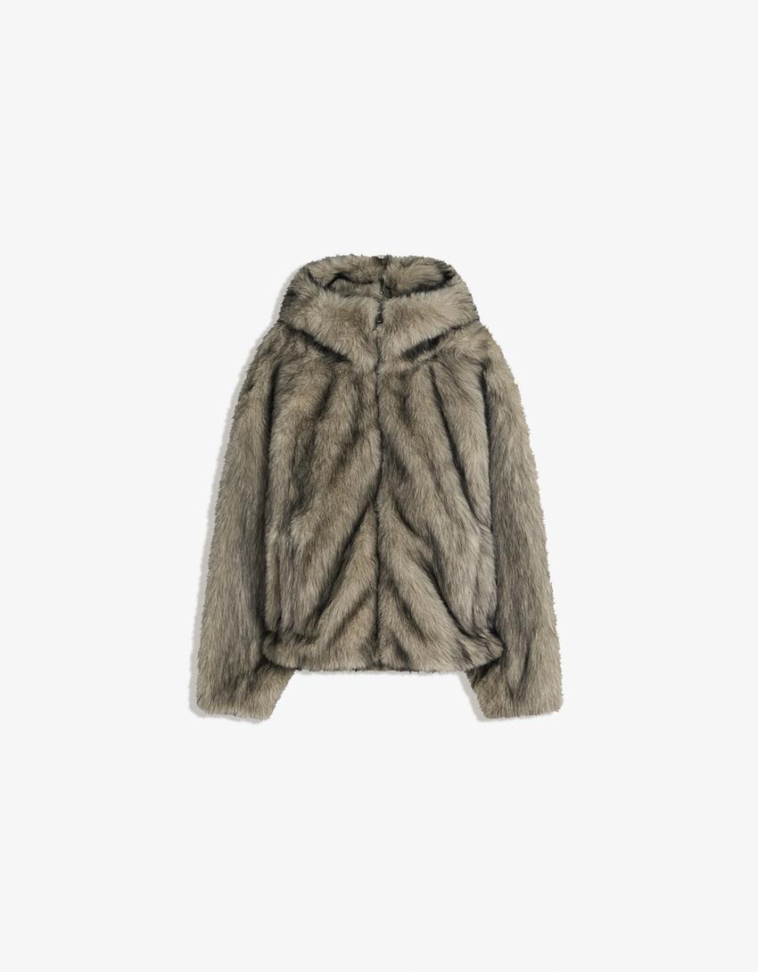 Faux fur hooded jacket-Grey