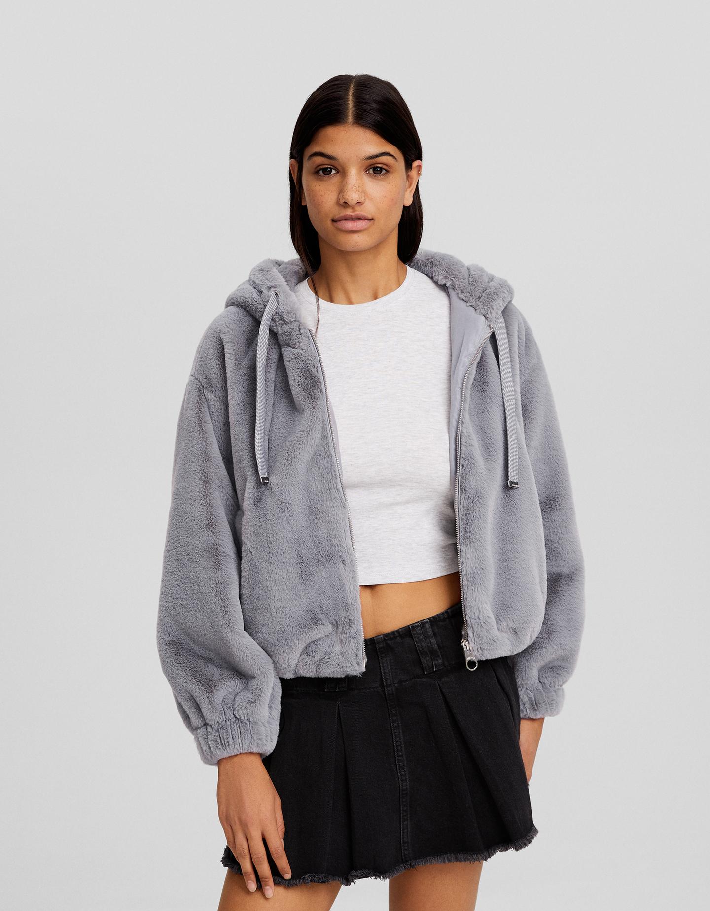 Bershka Gilet Polaire Capuche Femme M Gris