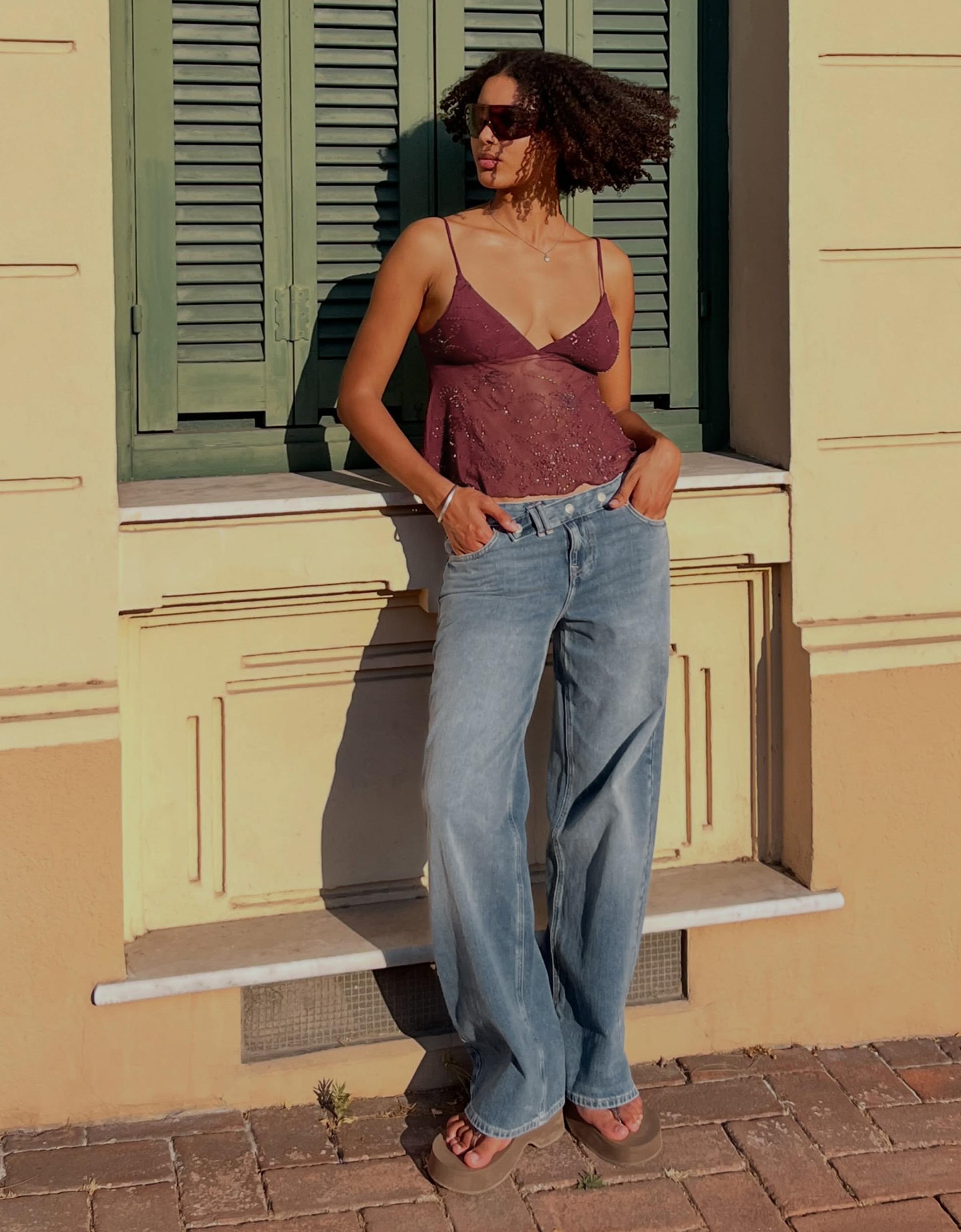Rhinestone mesh strappy top — Burgundy