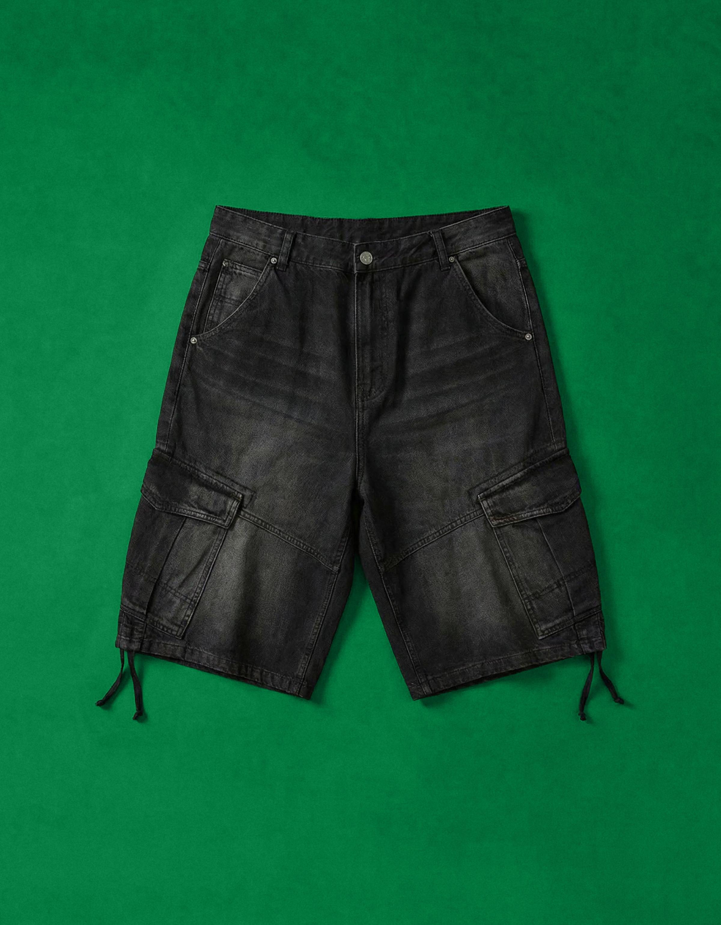 Denim cargo parachute Bermuda shorts — Black