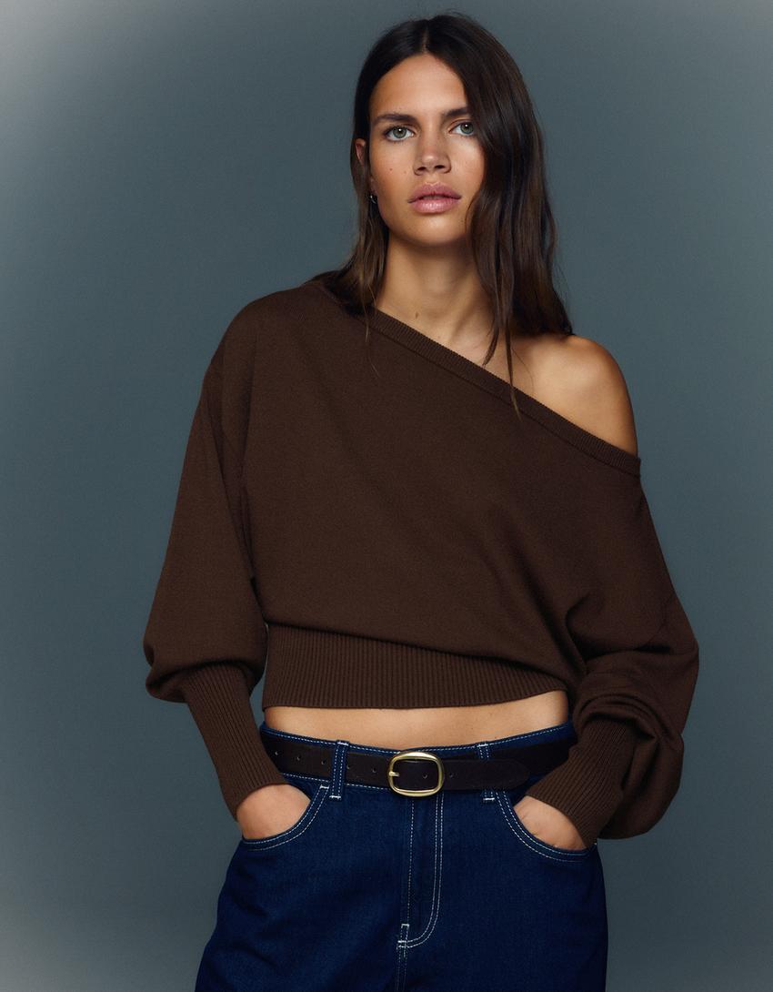 Asymmetric sweater with ribbed hem-Brown
