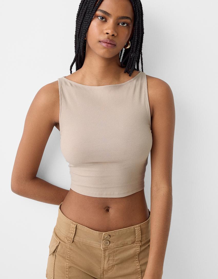 Sleeveless ribbed T-shirt-Camel-2