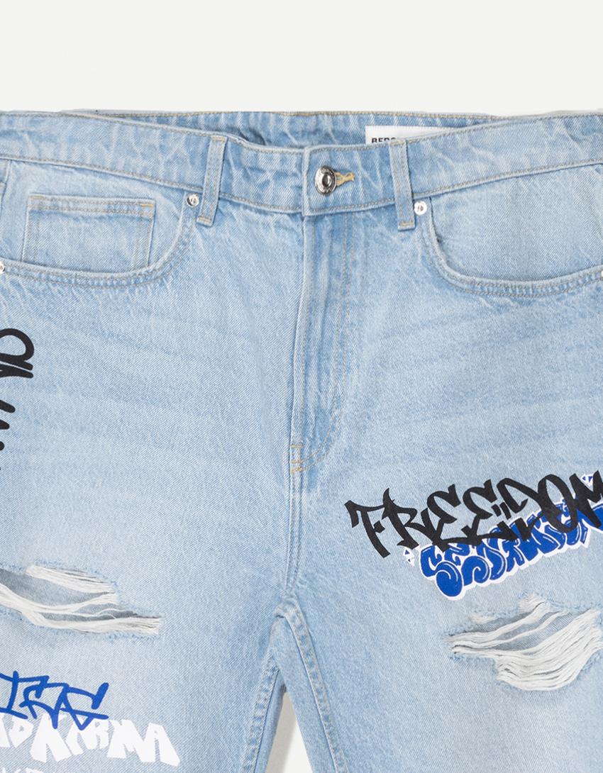 Printed denim Bermuda shorts-Light blue-2