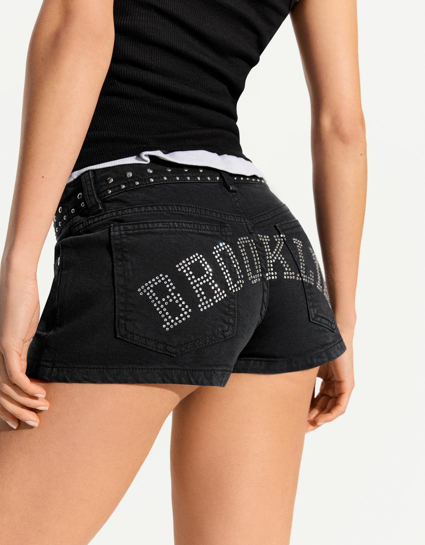 Shorty z serży z ćwiekami-Szary