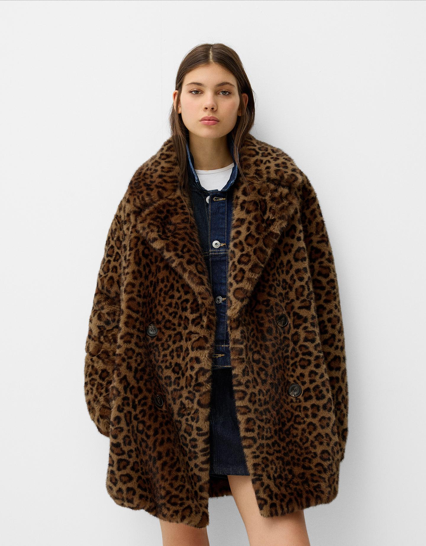 Bershka Abrigo Pelo Animal Print Mujer Xs Marrón