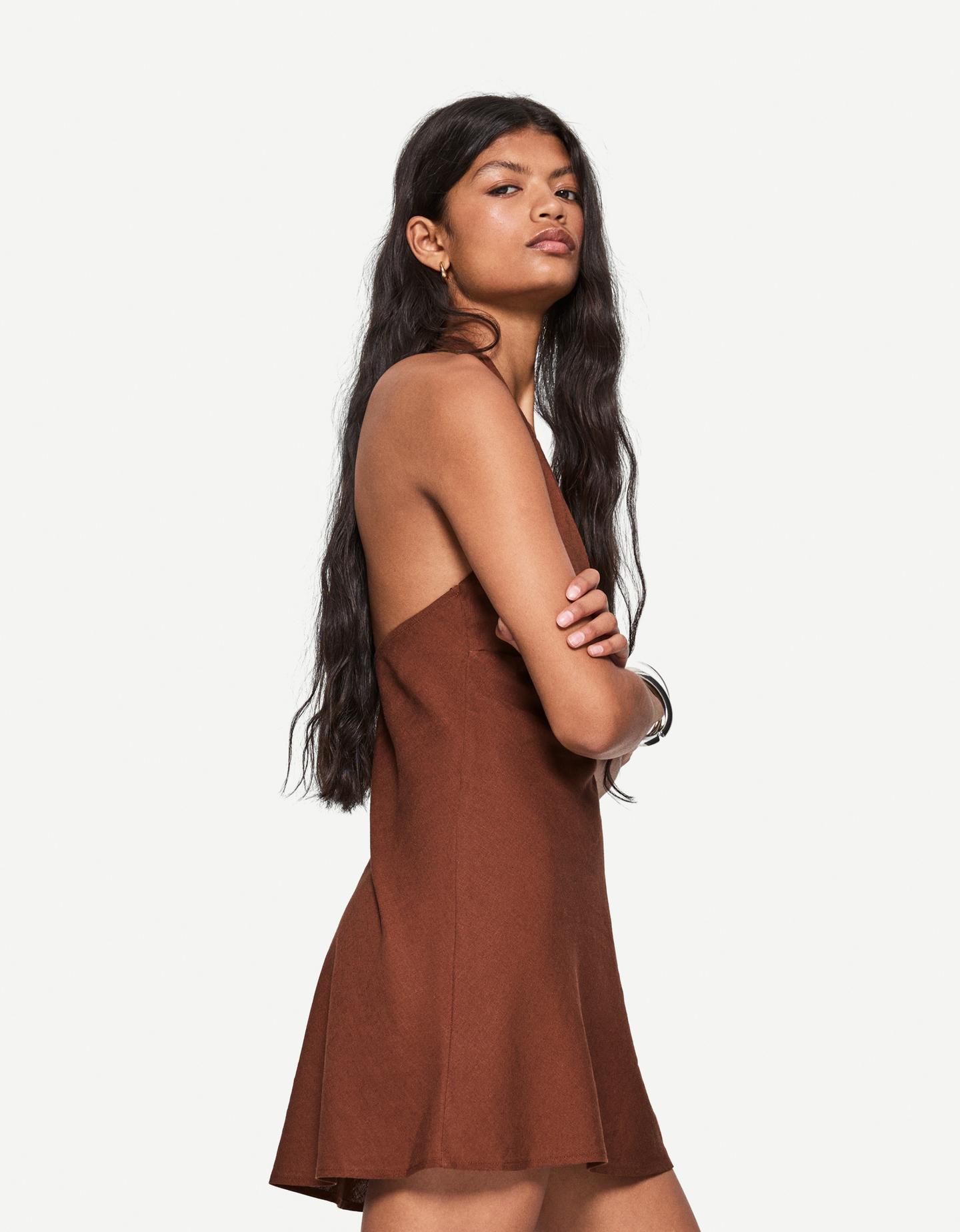 Bershka Vestido Mini Halter Con Lino Mujer S Marrón