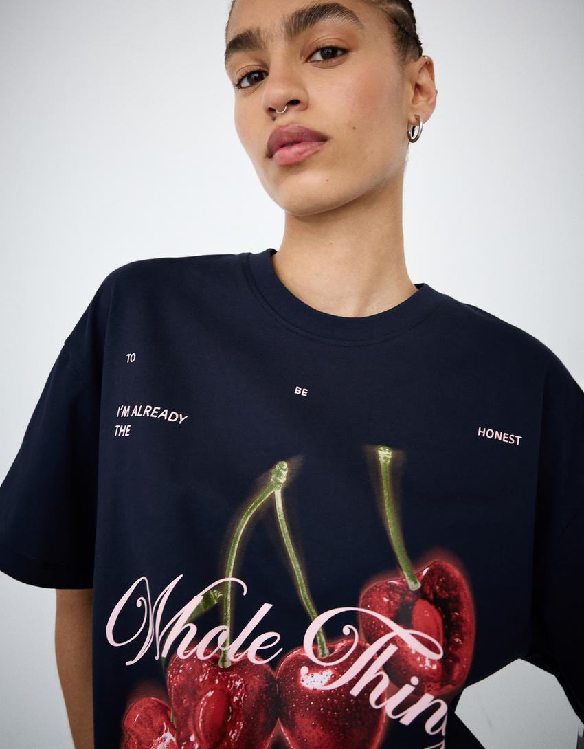 טי שירט עם הדפס ושרוול קצר-כחול נייבי